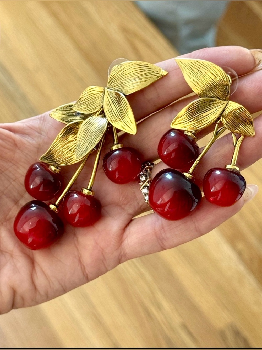 Vintage Gold-Tone Cherry Drop Earrings with Red Accents - Women Jewelry